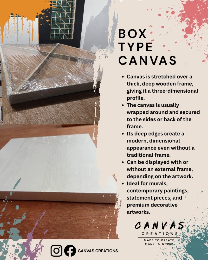 BOX TYPE CANVAS(PREMIUM QUALITY) (Category: Craft Supplies & Tools) located in Manila. Submitted by famela_representative (Listing ID 1461277703, Image 1). Description: BOX TYPE CANVAS: BOLD, MODERN, AND READY TO DISPLAY! Want that gallery-wrapped, museum-style look without needing an external frame? Our box type canvas is stretched over a thick, deep wooden frame, giving your artwork a striking three-dimensional profile with edges that look just