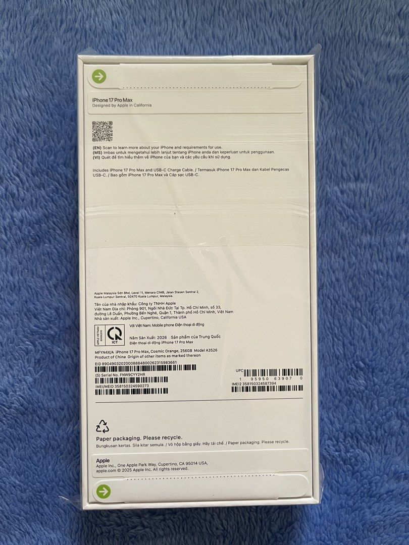 Brandnew and Sealed Iphone 17 Pro Max (Category: Cases & Sleeves) located in Tanza. Submitted by sheridaaannpark (Listing ID 1461200341, Image 2). Description: Brand new and sealed iPhone 17 Pro Max 256 Cosmic Orange.