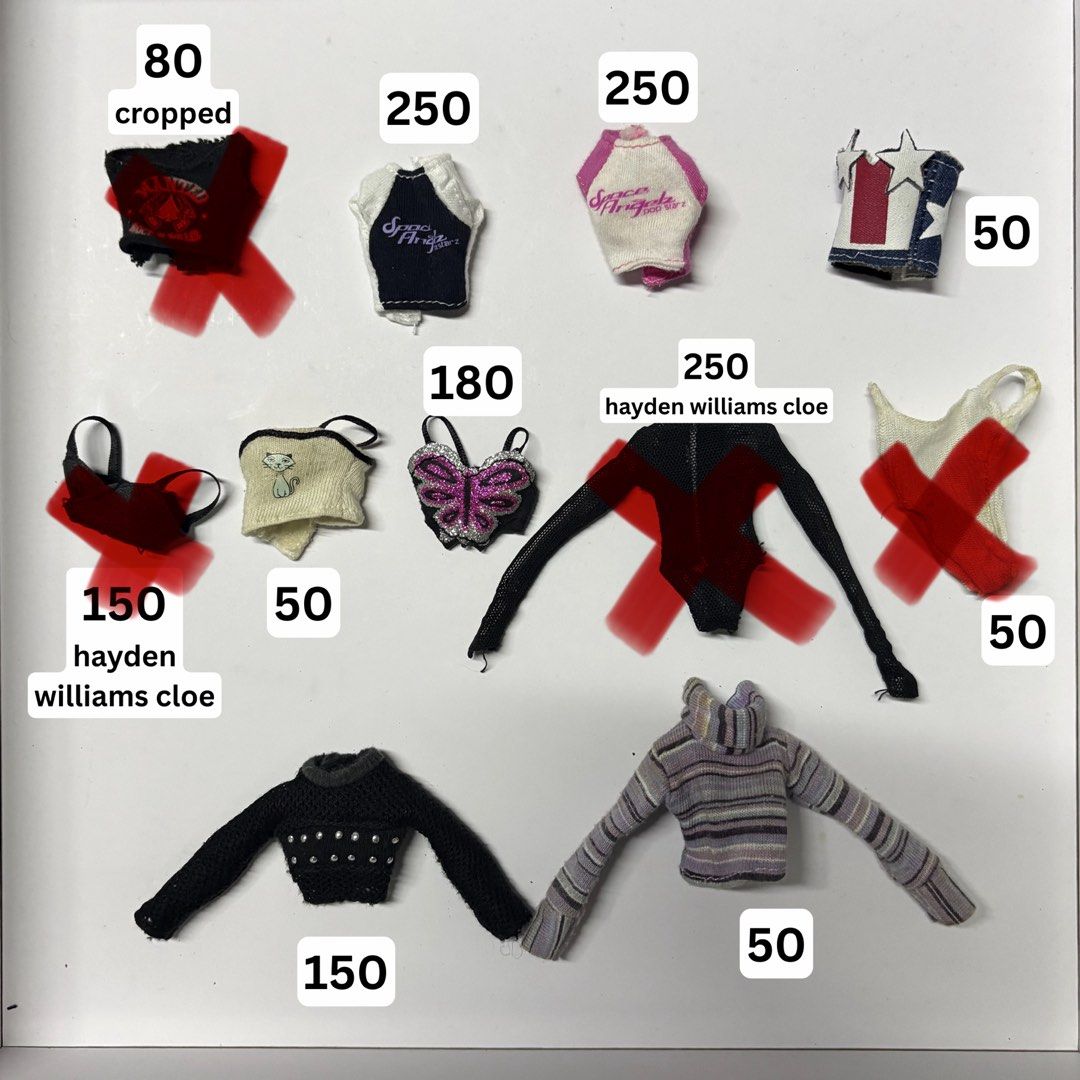 Bratz Clothes (Top) (Category: Others Tops) located in Cainta. Submitted by winkyhooniee (Listing ID 1461285221, Image 1). Description: - Black cropped top with graphic print - White & black 'Space Angel' graphic top - Pink & white 'Space Angel' graphic top - Denim & star print top - Black bra - Cream top with cat print - Sparkly butterfly top - Black long-sleeve bodysuit with zipper - White mesh top - Black studded sweater - Striped turtleneck s
