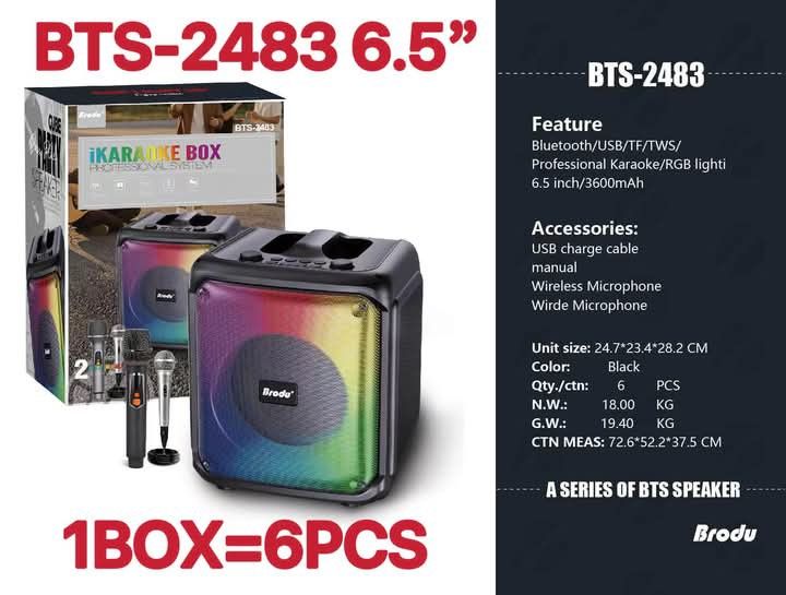 Brody BTS-2483 6.5" Bluetooth Karaoke Speaker with Wireless Mic (Category: Soundbars, Speakers & Amplifiers) located in Manila. Submitted by iliasjen3082126 (Listing ID 1461199741, Image 1). Description: - Portable Karaoke Speaker with Bluetooth - RGB Lighting for party vibes - USB & TF Card Playback - TWS (True Wireless Stereo) function - Professional Karaoke Features - 6.5-inch Speaker Size - Long-lasting 3600mAh Battery - Includes 1 Wireless M