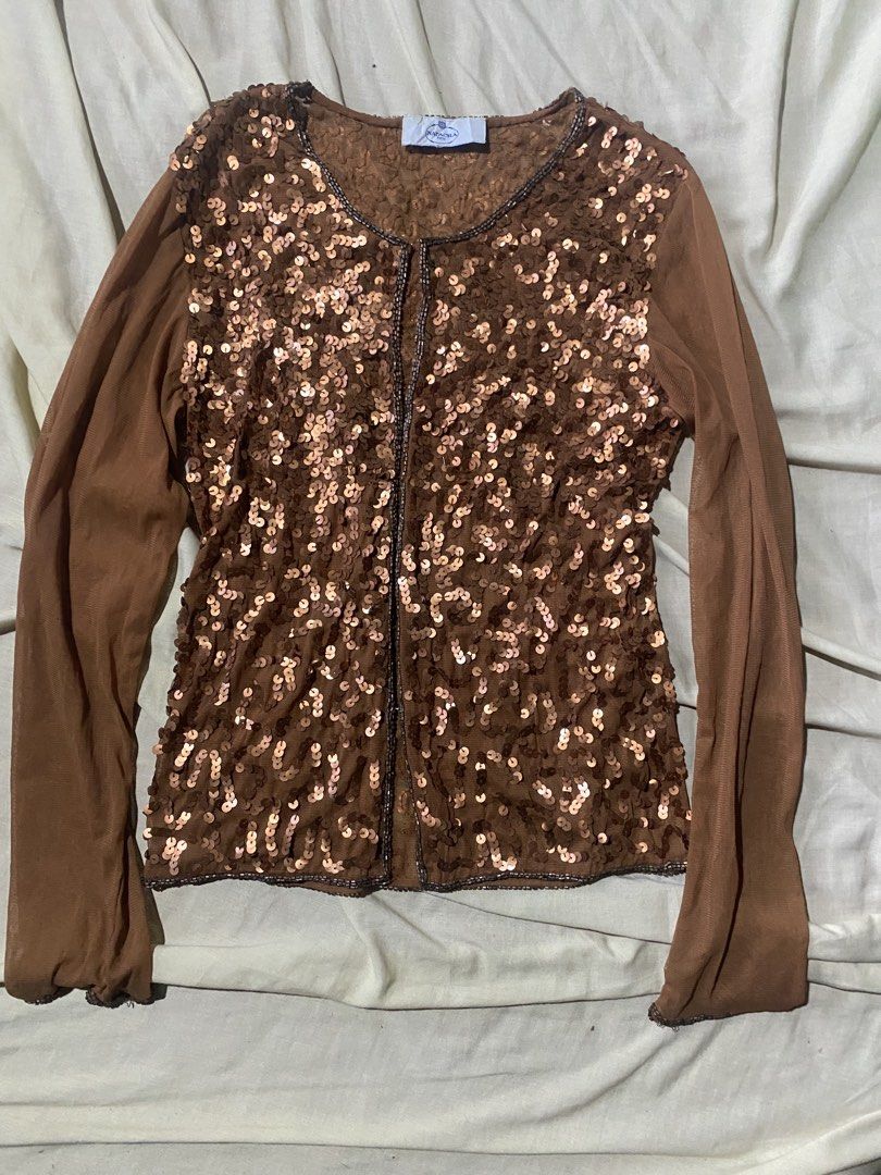 Brown Sequin Mesh Cardigan with Beaded Trim (Category: Coats, Jackets and Outerwear) located in Manila. Submitted by cosmiceagle-23bc (Listing ID 1461300149, Image 1). Description: - Brown mesh cardigan - Covered in shimmering sequins - Beaded trim along front opening and neckline - Long sleeves - Adds a touch of glam to any outfit - Unique statement piece.