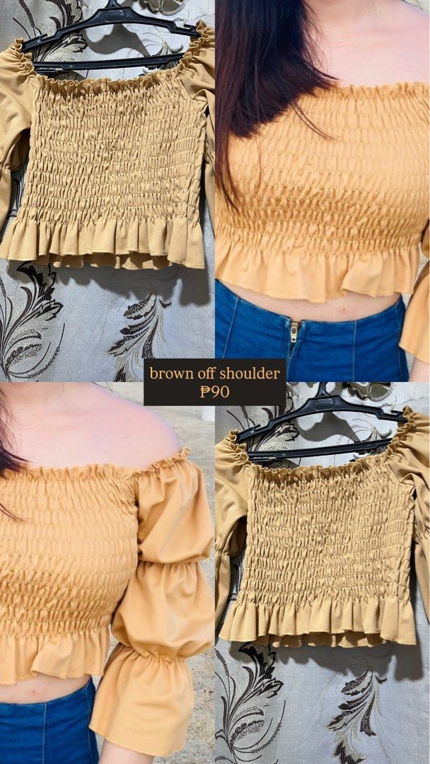 Brown Smocked Off Shoulder Puff Sleeve Top (Category: Blouses) located in Manila. Submitted by jamalynnah (Listing ID 1461133365, Image 1). Description: - Cute brown off-shoulder top - Smocked bodice - Puff sleeves with ruffled cuffs - Ruffled hem - Versatile: pairs well with jeans or skirts - Ideal for casual outings or nights with friends Size: S-L .