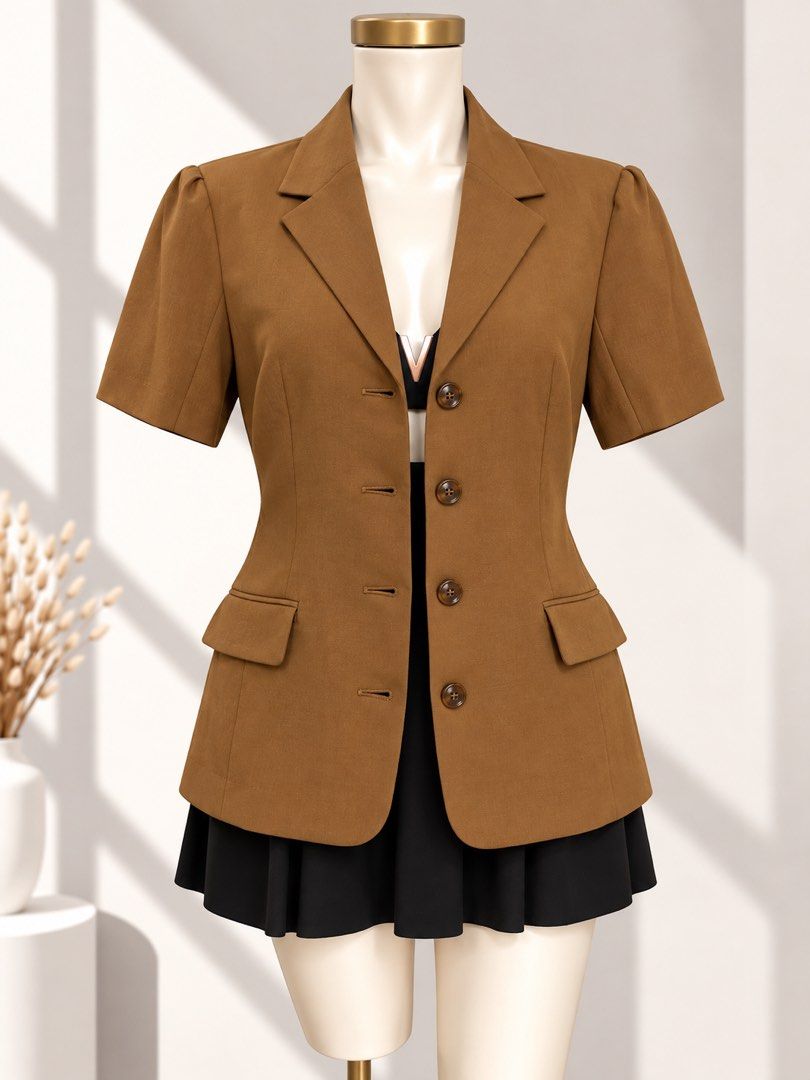 Brown Tan Shortsleeve Blazer (Category: Coats, Jackets and Outerwear) located in Taguig. Submitted by vm.co (Listing ID 1461314172, Image 1). Description: Perfect for: • Corporate office wear • Business travel • Smart casual outfits • Rainy or cool weather • Capsule wardrobe • Everyday sophisticated styling Condition: Appears to be in very good preloved condition with no visible major stains, tears, or discoloration in the photo. A light steam wi