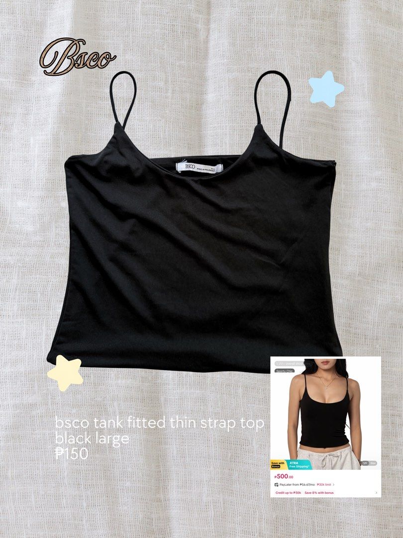 BSCO Black Fitted Thin Strap Tank Top (Category: Sleeveless) located in Bacoor. Submitted by sweetsrirachaaa (Listing ID 1461128049, Image 1). Description: - BSCO fitted tank top - Thin spaghetti straps - Black color - Size Large - Versatile basic piece - Comfortable and stylish.
