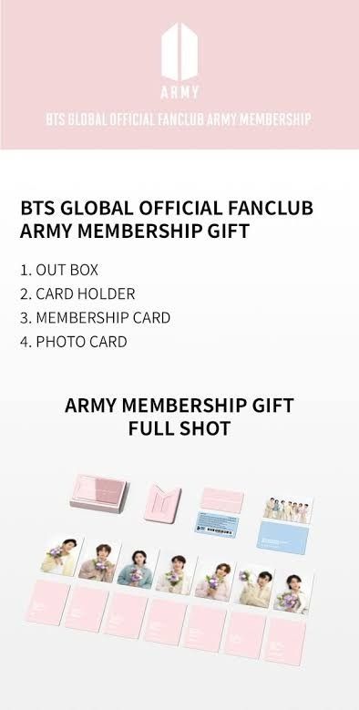 BTS 10th Global ARMY Membership Kit (Category: K-Wave Merchandise) located in Caloocan City. Submitted by moonfairy.tinkerbelle (Listing ID 1461255046, Image 2). Description: BTS 10th Global ARMY Membership Kit The set features an elegant outbox, a silicone photocard holder, and 8 mini photocards, each showcasing the members of BTS and a group photocard. Member ID not included..