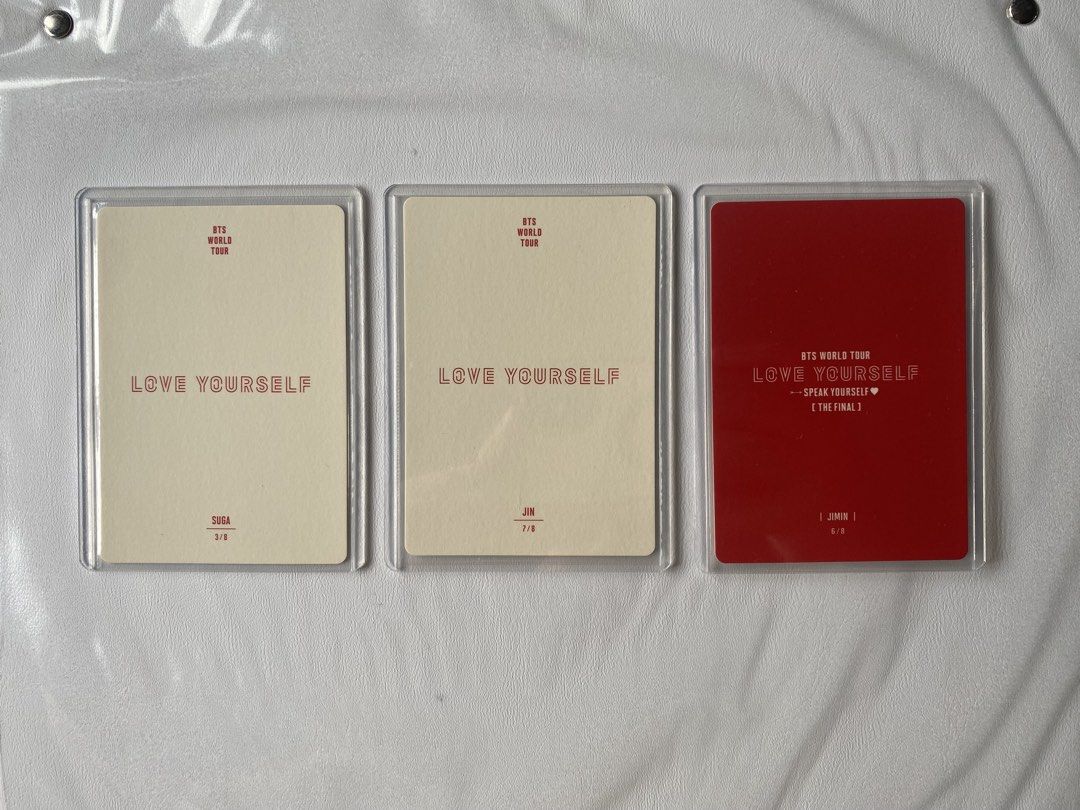 BTS Mini Photocard Love Yourself / Speak Yourself (Category: K-Wave Merchandise) located in Muntinlupa City. Submitted by glossrunch (Listing ID 1461121076, Image 2). Description: P500 set + lsf *LY Tour and LY SY loose mini pc *stored with sleeves and toploader rfs: decluttering Gcash / BPI J&T 🏷️ bts rm jin suga jhope jimin v jungkook arirang ly sy.