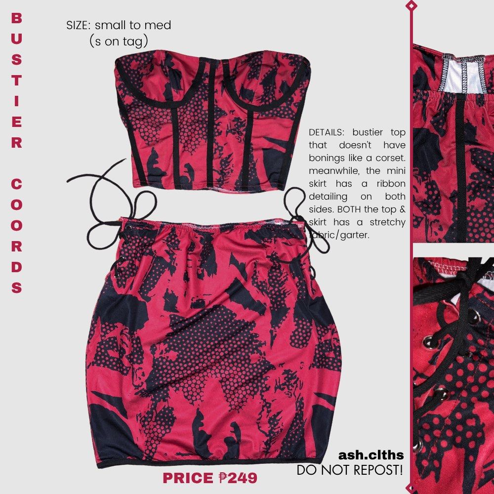 bustier coordinates (Category: Sets or Coordinates) located in Taguig. Submitted by lorelei_333 (Listing ID 1461241932, Image 1). Description: location: taguig city payment: gcash or maribank • no flaws at all • rfs: decluttering clothes to have more space in my closet! ✧.