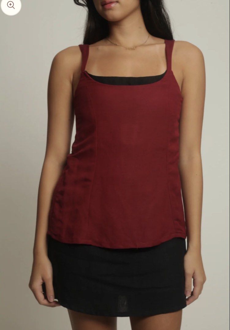 Cariño Mina Top (Category: Sleeveless) located in San Juan City. Submitted by notanne (Listing ID 1461204502, Image 1). Description: Size: Small SRP: ₱2250 Used once only - Made from breathable Linen - Flattering scoop neckline with thin straps - Stylish contrast inner top detail - Front and back tucks for a slimming silhouette.
