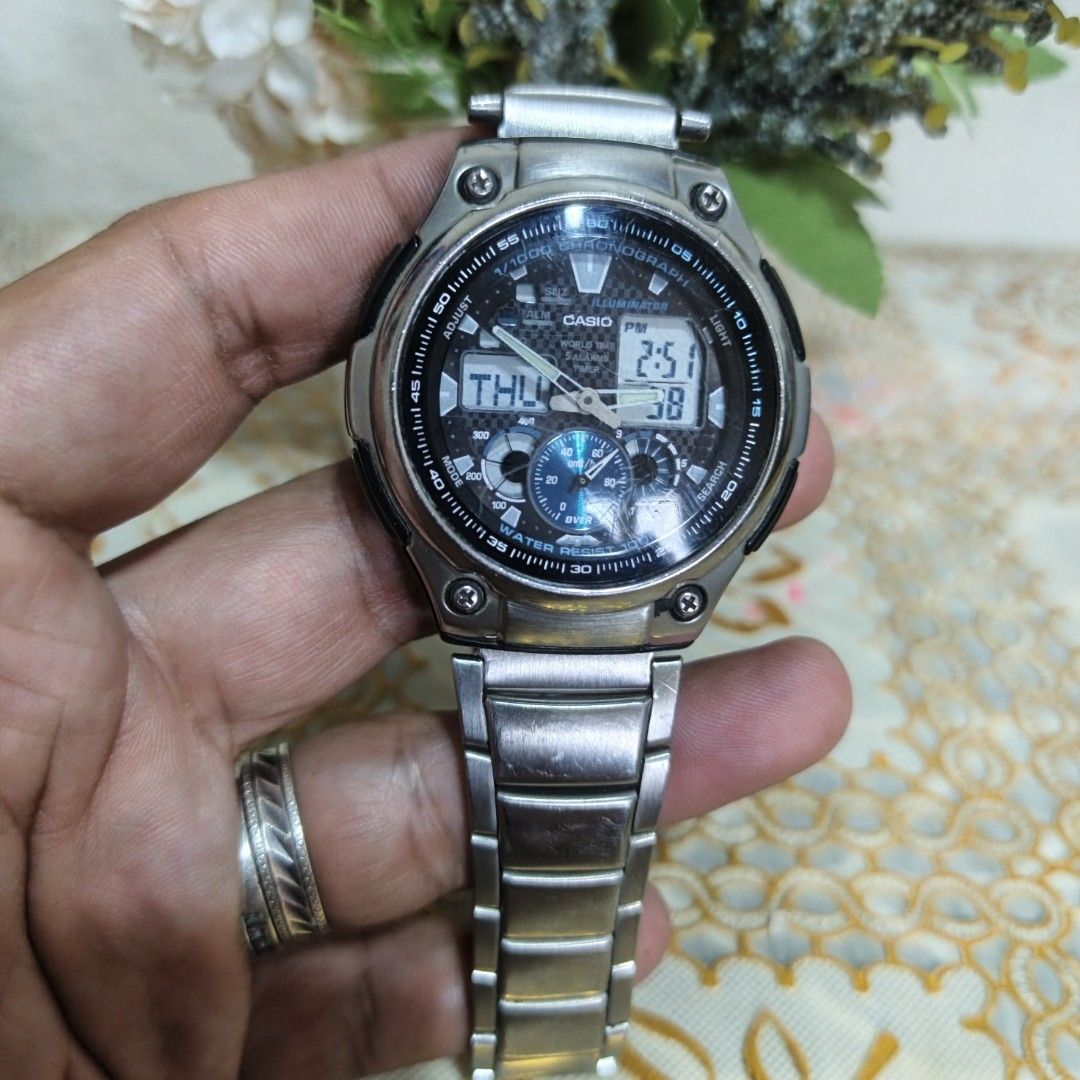 Casio Chronograph Water Resist 100M Watch (Category: Luxury Watches) located in Manila. Submitted by narju1234 (Listing ID 1461124576, Image 3). Description: - Casio Chronograph Watch - Water Resistant up to 100 Meters - Built-in Illuminator for low-light visibility - Dual Digital and Analog Display - Durable Stainless Steel Band - Displays Day and Date - Stopwatch Function Included.