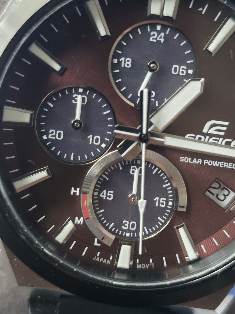 Casio Edifice Solar Powered Chronograph Watch (Category: Men's Watches) located in Las Pinas. Submitted by mark_dy_el (Listing ID 1461262925, Image 3). Description: - Casio Edifice Solar Chronograph Watch - Striking Plum Red Dial with Silver Accents - Solar Powered for Eco-Friendly Operation - Full Chronograph Functionality (Stopwatch) - Date Window at 3 o'clock - Reliable Japan Movement - Comfortable Black Rubber Strap with Buckle Closure (will 