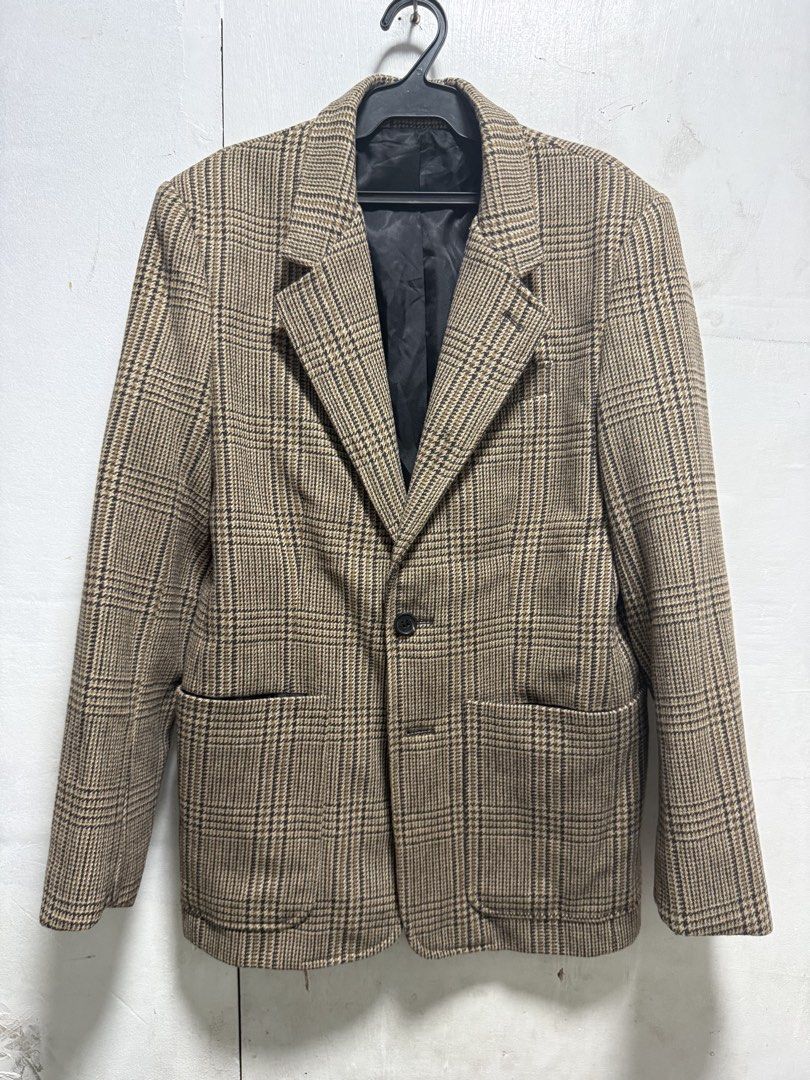 CELINE PARIS Houndstooth Blazer with Leather Elbow Patches (Category: Coats, Jackets and Outerwear) located in Manila. Submitted by gabrielker12168 (Listing ID 1461294431, Image 1). Description: - Classic plaid blazer from CELINE PARIS - Leather elbow patches - Fully lined interior - Double button front closure - Two functional patch pockets.