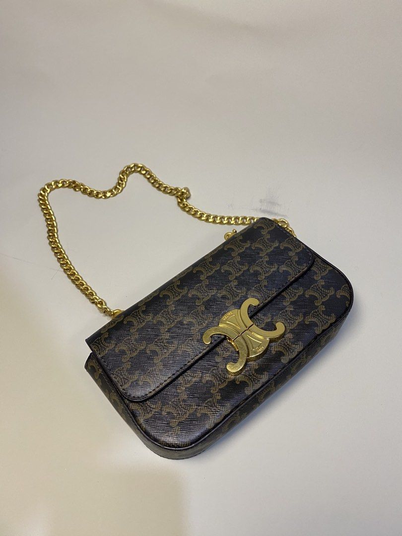 Celine Triomphe Canvas Chain Bag (Category: Luxury Bags & Wallets) located in General Santos City (Dadiangas). Submitted by jokk.x (Listing ID 1461323875, Image 2). Description: - Classic Celine bag with iconic Triomphe canvas print - Elegant gold chain strap - Luxurious tan leather interior - Expertly crafted in Italy - Versatile for both evening events and daily wear.