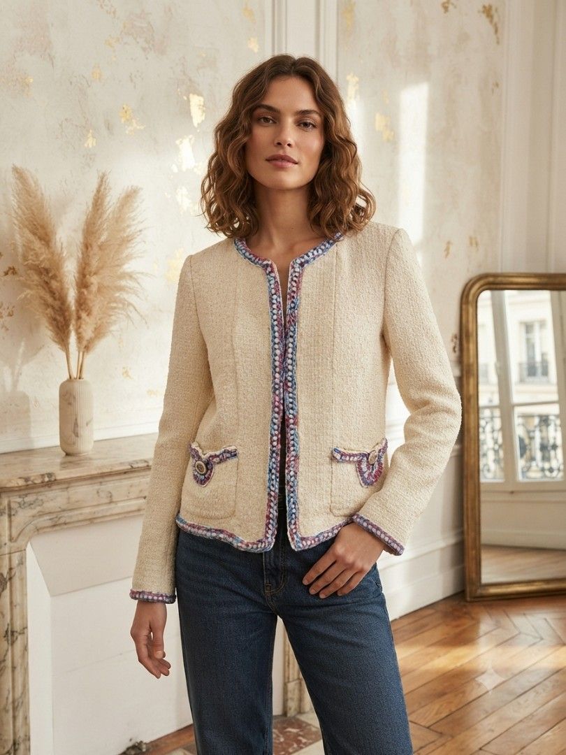 ❗FLASH SALE❗✨CHANEL 20C Cruise Collection Neutral Tweed Jacket ✨ (Category: Luxury Apparel) located in Manila. Submitted by shopyourstyleph (Listing ID 1461210148, Image 1). Description: Chanel 20C Cruise Collection Tweed Jacket. Description This Chanel 20C runway jacket is crafted from cream ecru tweed with vibrant, multicoloured braided trim along the edges. In line with the collection's French train travel theme, the colourful lining of the ja