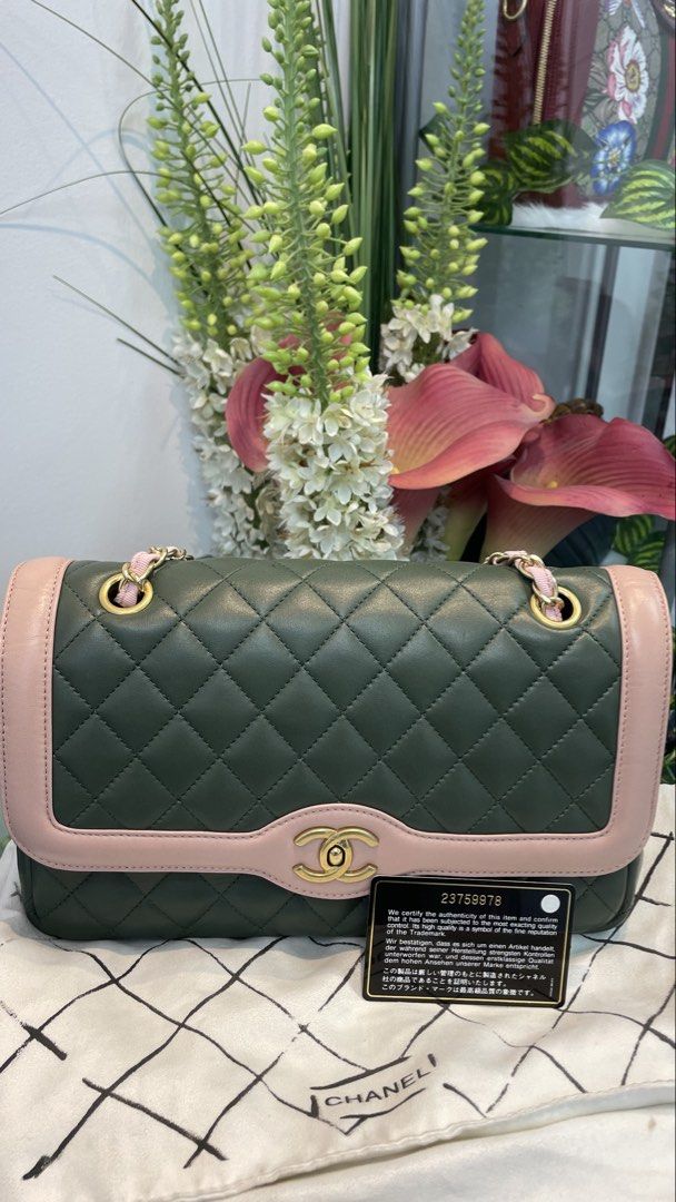 Chanel Day medium green/pink flap bag (Category: Luxury Bags & Wallets) located in Manila. Submitted by luxemax_09 (Listing ID 1461165690, Image 1). Description: .