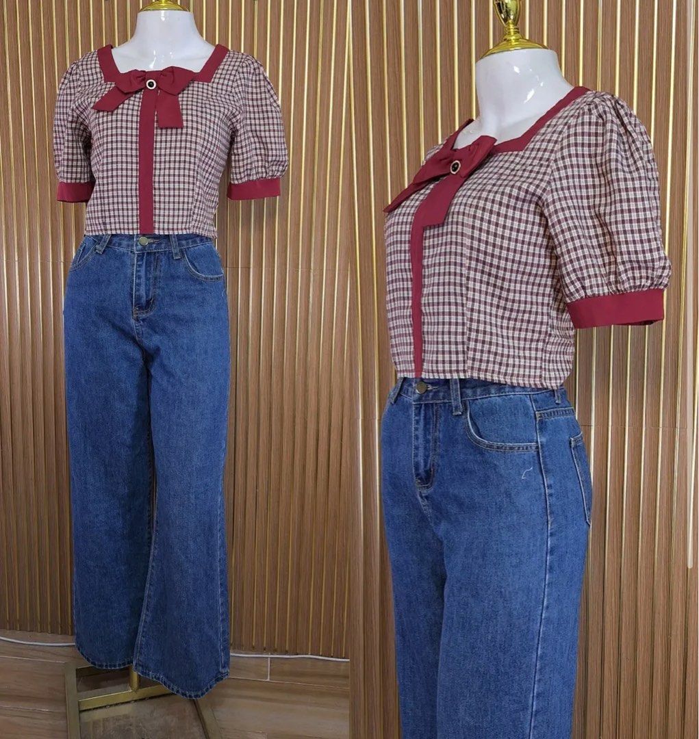 Checkered Puff Sleeve Square Neck Top with Bow Detail (Category: Blouses) located in Manila. Submitted by escherichiaa (Listing ID 1461294621, Image 1). Description: - Adorable checkered top - Features stylish puff sleeves - Elegant square neckline - Cute bow detail at the front - Burgundy trim accents collar, sleeves, and center - Convenient side zipper for easy wear - Perfect for both casual outings and dressed-up events.
