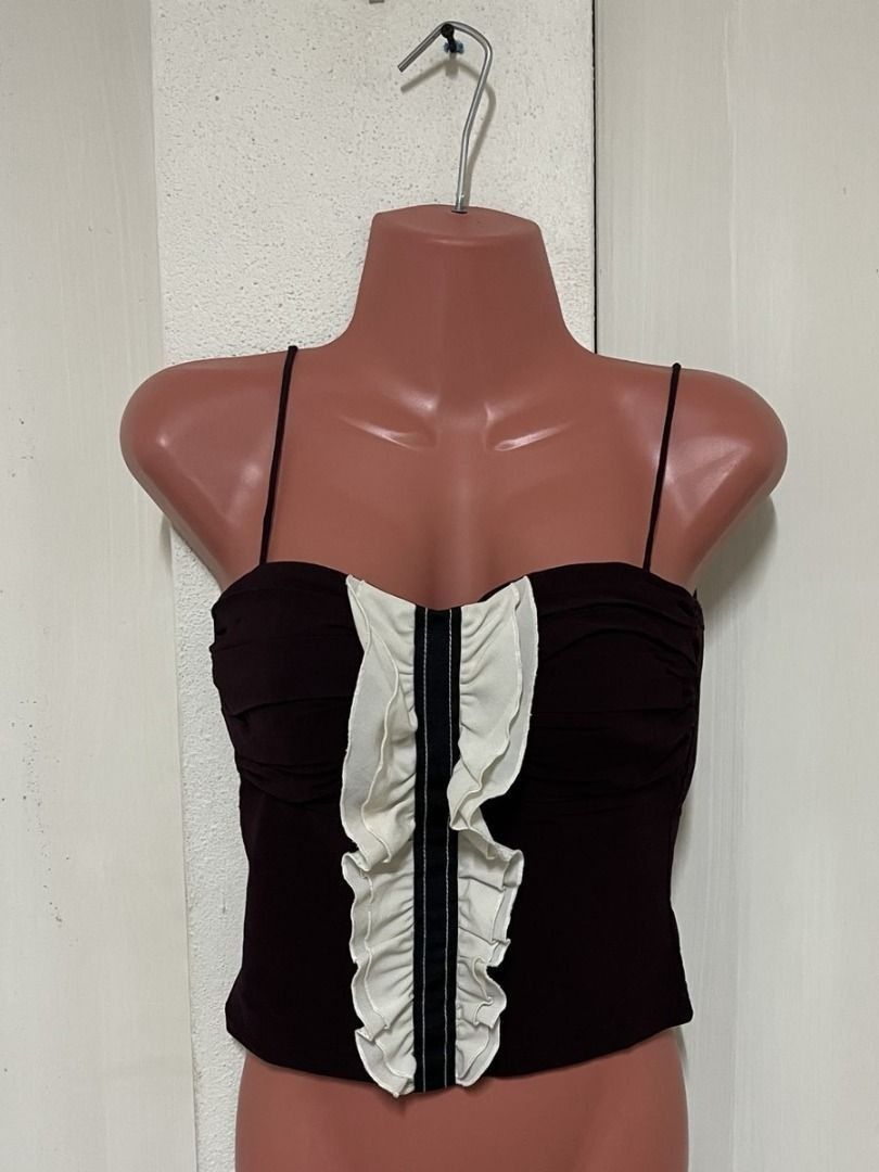 Chic Deep Purple / Plum Ruched Front with White Ruffle Accents (Category: Sleeveless) located in Mabalacat. Submitted by keb-a (Listing ID 1461165825, Image 1). Description: 🍒 — small — b: 32~34" — w: 24~26" — l: 15” 🍒 — thrifted this in Italy — breathable cotton-blend (soft and stretchy) — rich deep purple / plum with white ruffle accents — delicate spaghetti straps 🍒 — mop: gcash — mod: j&t.