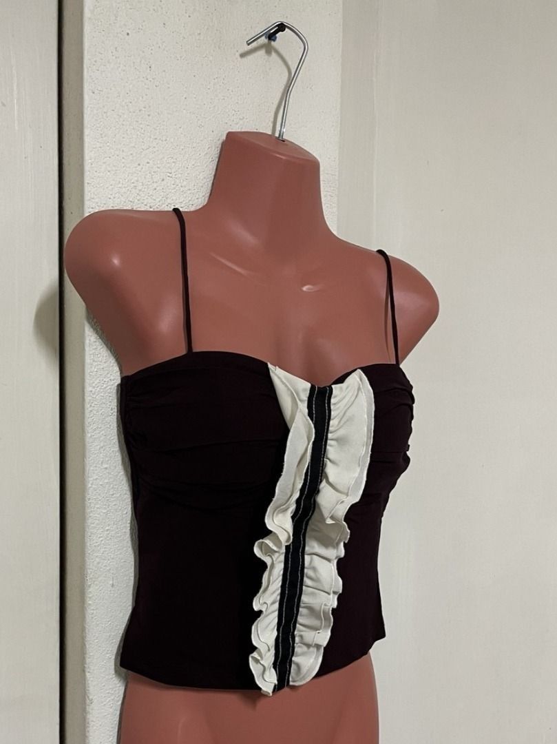 Chic Deep Purple / Plum Ruched Front with White Ruffle Accents (Category: Sleeveless) located in Mabalacat. Submitted by keb-a (Listing ID 1461165825, Image 2). Description: 🍒 — small — b: 32~34" — w: 24~26" — l: 15” 🍒 — thrifted this in Italy — breathable cotton-blend (soft and stretchy) — rich deep purple / plum with white ruffle accents — delicate spaghetti straps 🍒 — mop: gcash — mod: j&t.