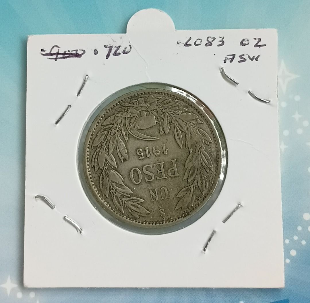 Chile 1 Peso 1915 Silver Coin (Category: Currency) located in Quezon City. Submitted by allaboutcollectibles (Listing ID 1461122699, Image 2). Description: What you see is what you get. Country: Peru Year: 1915 Value: 1 Peso Composition: Silver (.720) Weight: 9 g Diameter: 28 mm This coin is guaranted genuine, thank you for visiting my store..