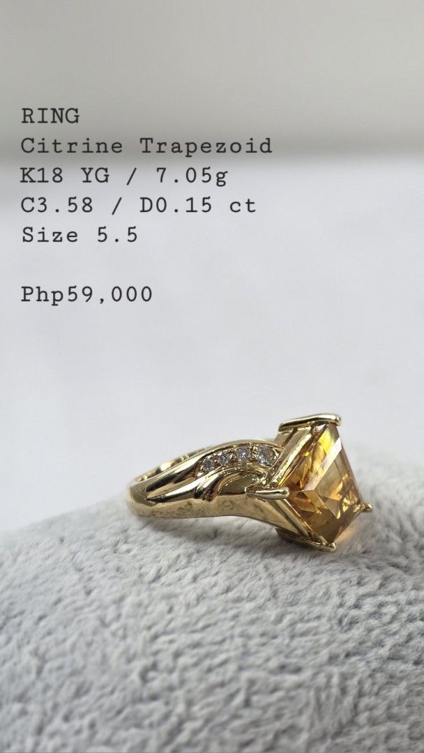 Citrine Trapezoid Ring with Diamonds (Category: Rings) located in San Fernando. Submitted by bagproject (Listing ID 1461147882, Image 1). Description: RING Citrine Trapezoid K18 YG / 7.05g C3.58 / D0.15 ct Size 5.5 Php59,000.