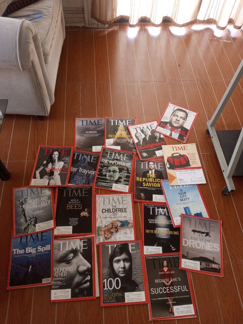 Collection of TIME Magazines 2010-13 (Category: Magazines) located in Caloocan City. Submitted by tobylacua26871 (Listing ID 1461136487, Image 1). Description: - Collection of TIME magazines for sale. - Various issues covering diverse topics. - Featured topics include: 'The Big Spill', 'Homeland Insecurity', 'The Childfree Life', 'The 100 Most Influential People', 'The Boss', 'Gunfighters', and 'Rise of the Drones'. - Ideal for collectors, histor