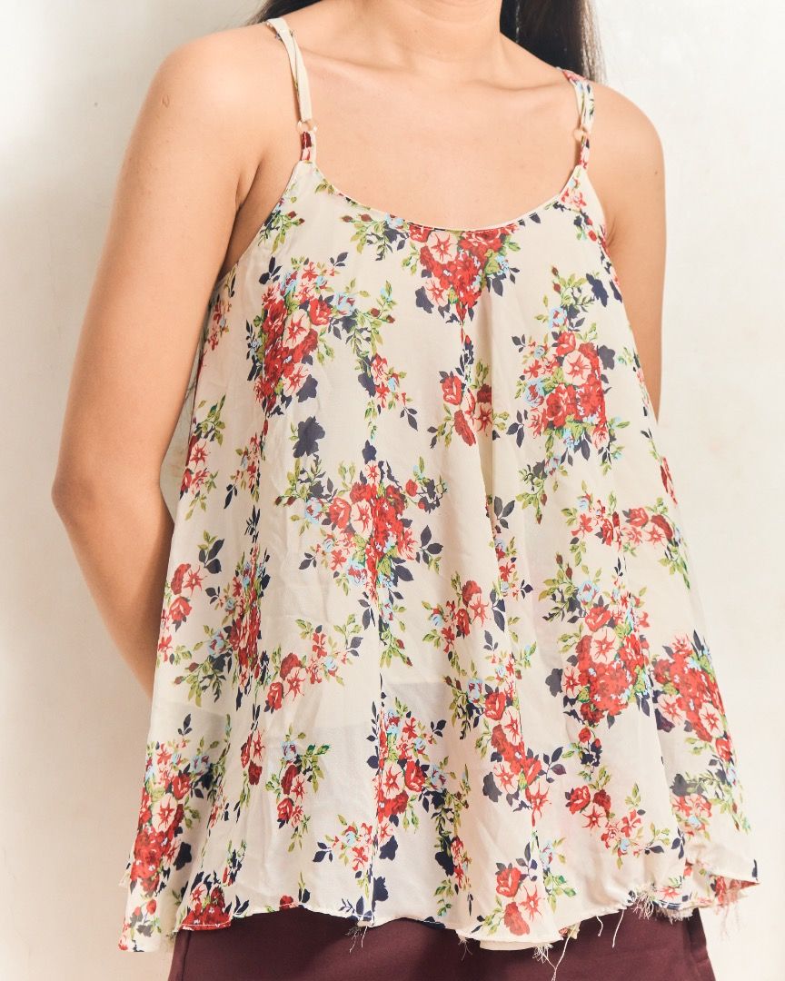 Cream Floral Camisole (Category: Sleeveless) located in Manila. Submitted by missalmon (Listing ID 1461253698, Image 1). Description: L: 20 inches W: 16 inches Flowy, Loose Scooped Neckline Adjustable Spaghetti Strap Has inner Issue: Loose threads .