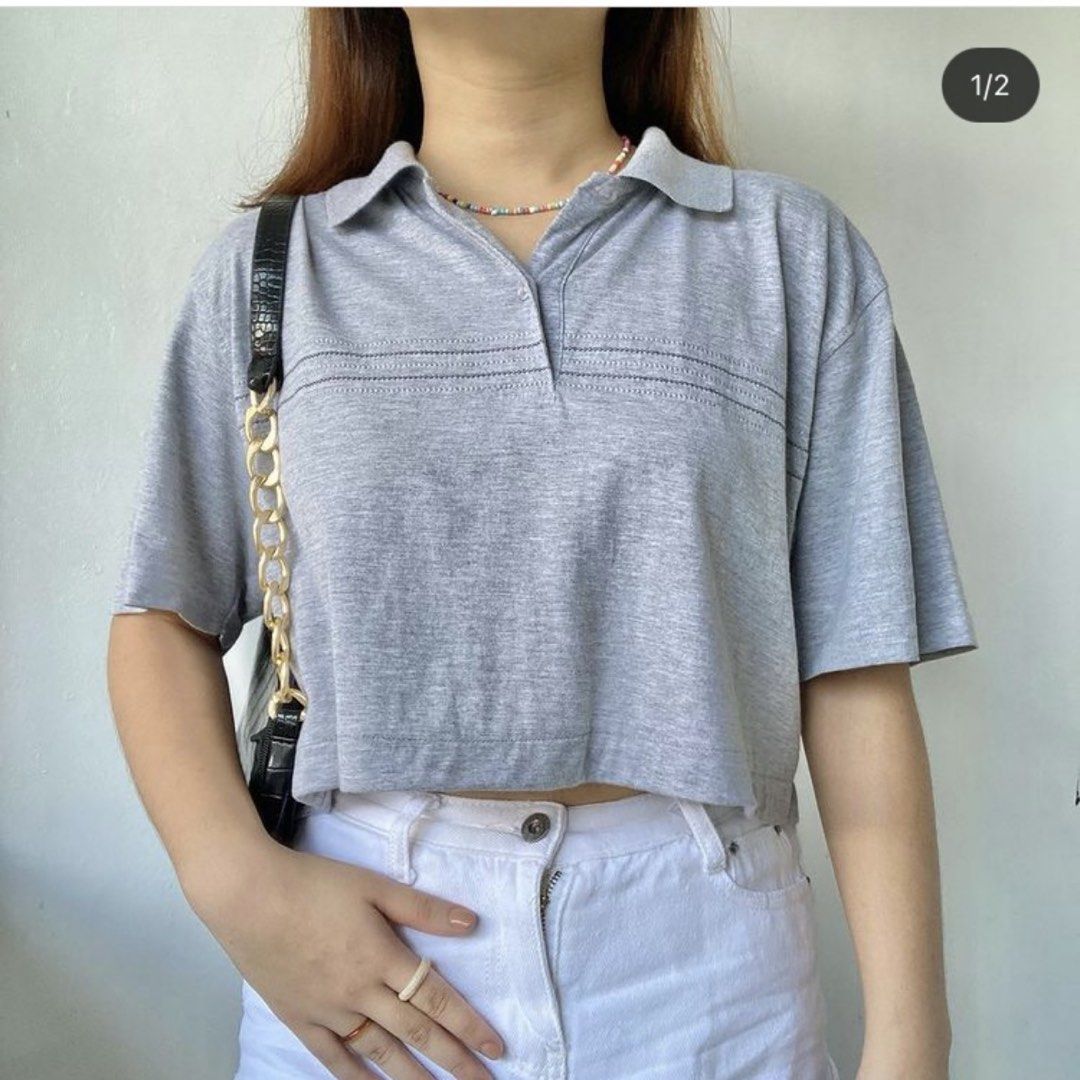 Cropped Gray Oversized Baggy Collared Polo Shirt (Category: Shirts) located in Quezon City. Submitted by danalou (Listing ID 1461275920, Image 1). Description: - size small (baggy fit) - large - barely used - has a slight discoloration on the collar (unnoticeable).