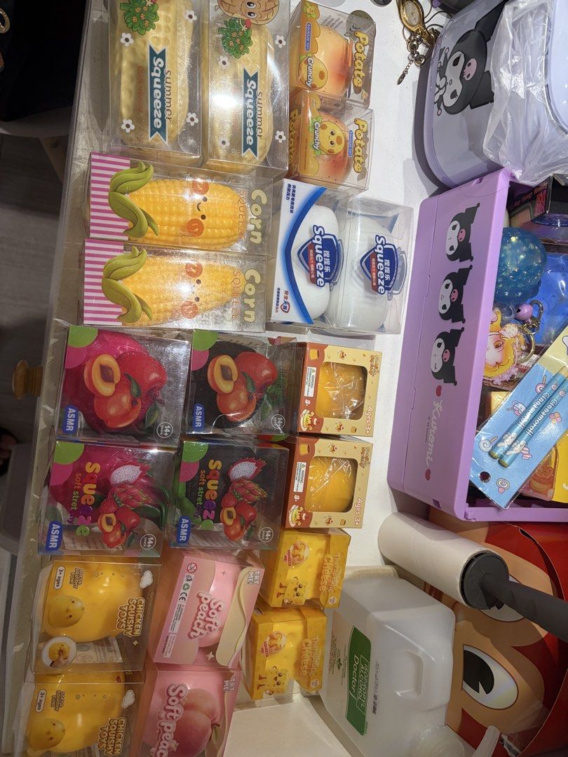 Crunchy Squishy (Category: Designer & Blind Box Toys) located in Navotas City. Submitted by jaldeclutters (Listing ID 1461117225, Image 2). Description: ₱200 each Choose from: Peach, Dragonfruit, Corn, Chicken, Potato, Cheese, Pudding, Peanut, Soap, Mangosteen.