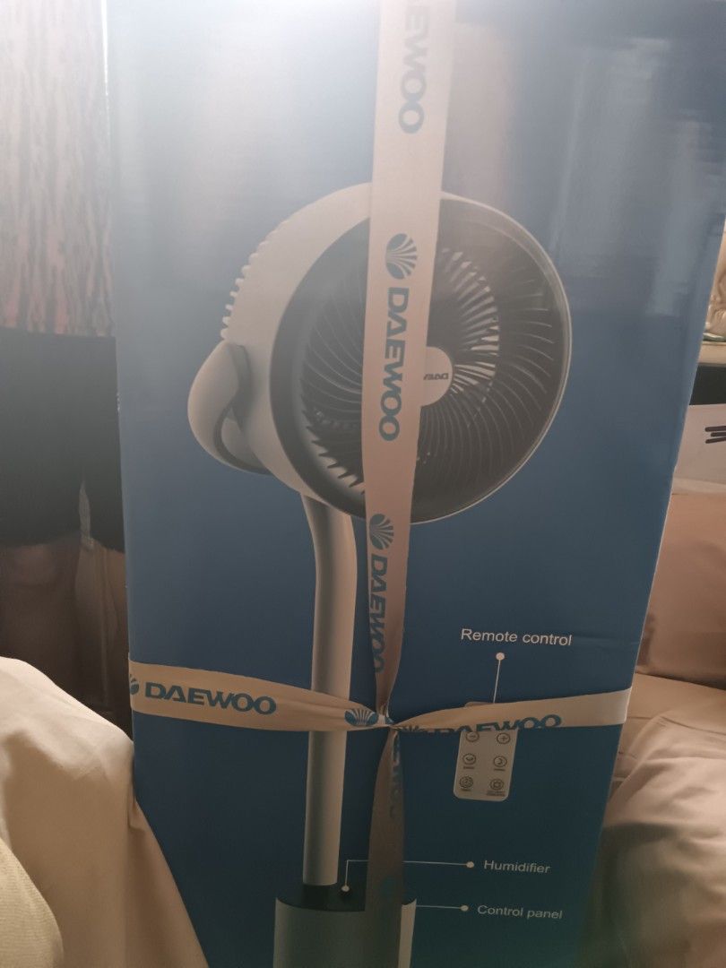 DAEWOO Stand Fan with Humidifier and Remote Control (Category: Fans) located in Malabon City. Submitted by gouraiph (Listing ID 1461162297, Image 1). Description: - Daewoo Stand Fan - Built-in Humidifier function - Comes with Remote Control - Control panel also on unit - Brand new, sealed box - Perfect for cooling and humidifying your space.