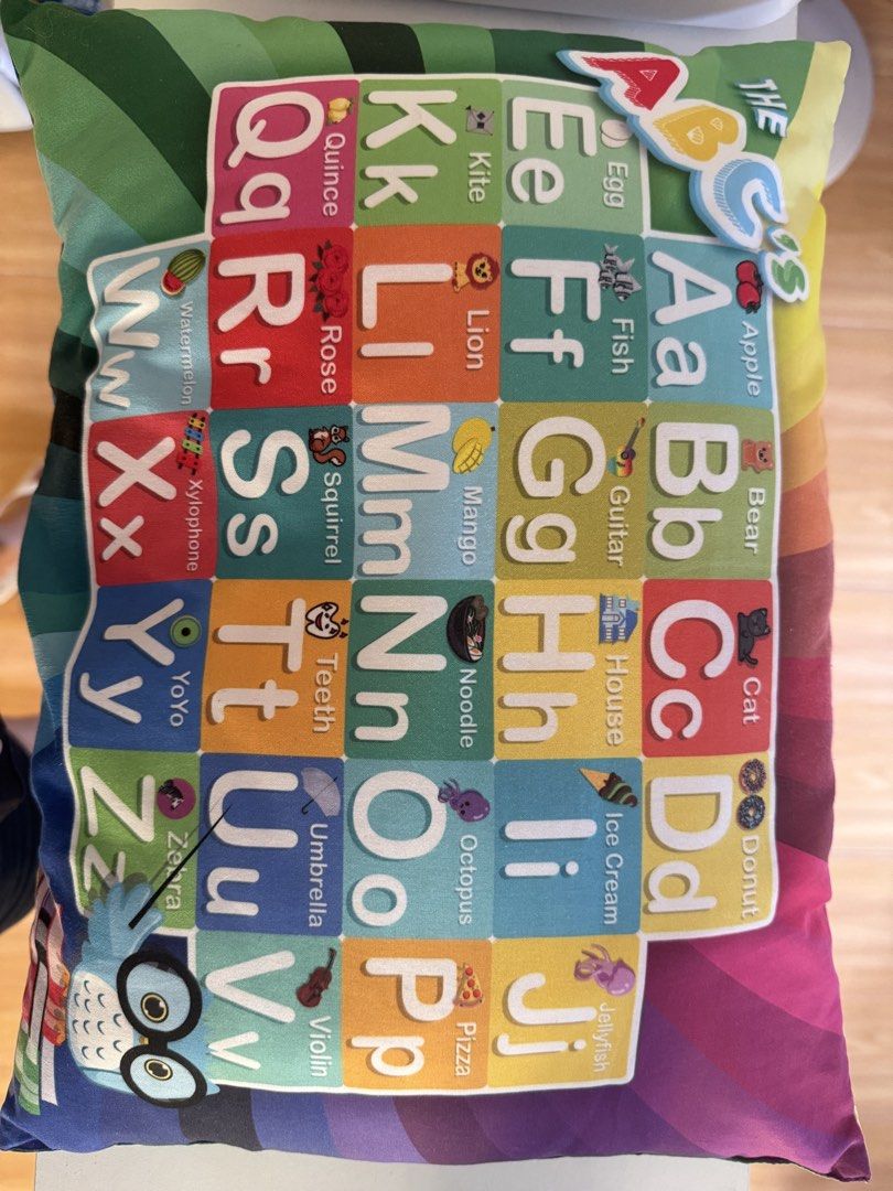 Dakki Inspired Alphabet Learning Pillow for Kids (Category: Other Kids Furniture) located in Dagupan City. Submitted by namishin18 (Listing ID 1461173693, Image 1). Description: - Fun alphabet pillow for little ones. - Features letters A-Z with corresponding words and pictures. - Perfect for learning and room decor. - Soft and colorful design. - Ideal for children's rooms or play areas. - Easy to spot clean..