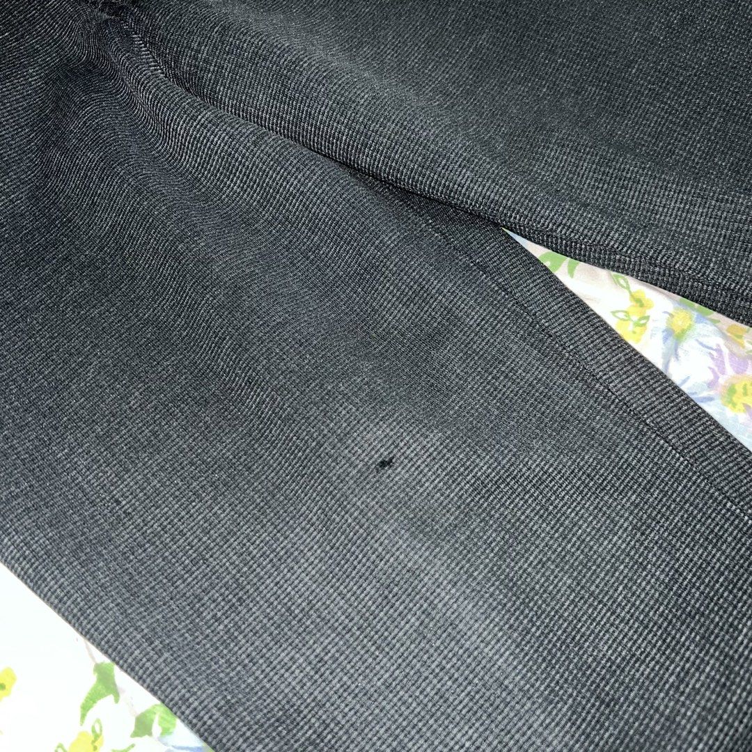 Dark Grey Trousers (Category: Other Bottoms) located in Marikina City. Submitted by prelovedbydee. (Listing ID 1461286142, Image 2). Description: - waistline: 27 - high waisted - subtle patterned texture - straight leg fit - two front & back pockets - small hole on right leg (2nd pic).
