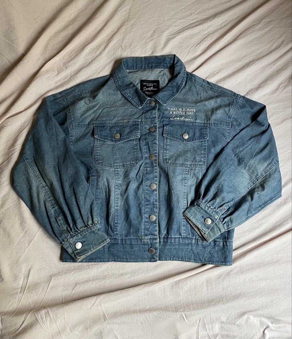 Denim Jacket with Embroidered Quote (Category: Coats, Jackets and Outerwear) located in Manila. Submitted by stepsole (Listing ID 1461152269, Image 1). Description: - Cool blue denim jacket - Embroidered quote on chest: 'THERE IS ALWAYS A BETTER WAY' - Balloon sleeves with buttoned cuffs - Two chest pockets with button closures - Button-up front - Ideal for layering.