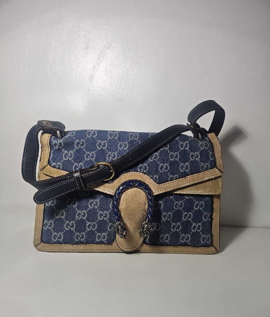 Dionysus GG Denim Shoulder Bag with qr code (Category: Luxury Bags & Wallets) located in Marikina City. Submitted by lalala60325 (Listing ID 1461292191, Image 1). Description: Denim Monogram Shoulder Bag Issue on Bag lining and marks on Hardware Can Send vid for bag condi No return/No refund.