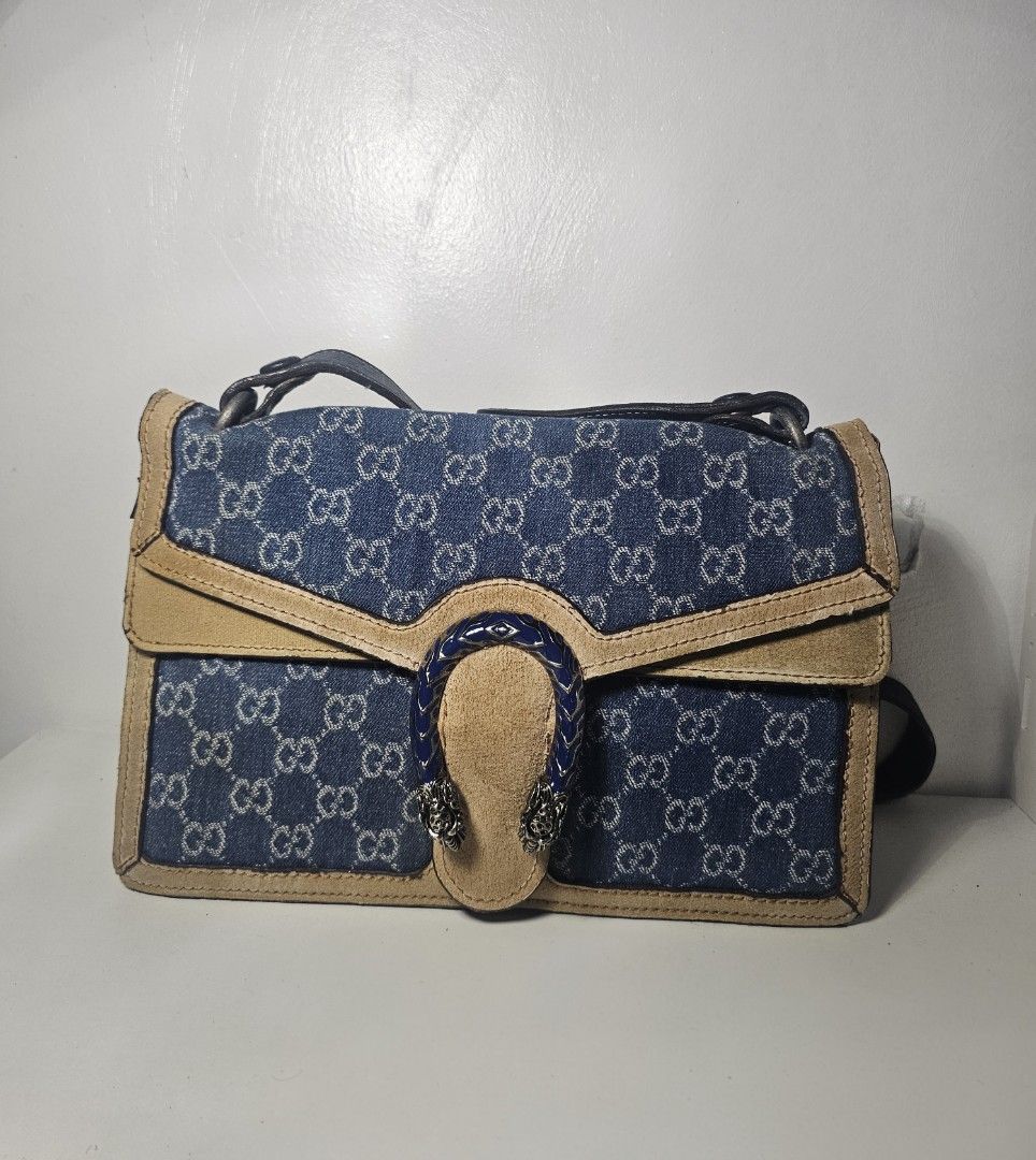 Dionysus GG Denim Shoulder Bag with qr code (Category: Luxury Bags & Wallets) located in Marikina City. Submitted by lalala60325 (Listing ID 1461292191, Image 2). Description: Denim Monogram Shoulder Bag Issue on Bag lining and marks on Hardware Can Send vid for bag condi No return/No refund.