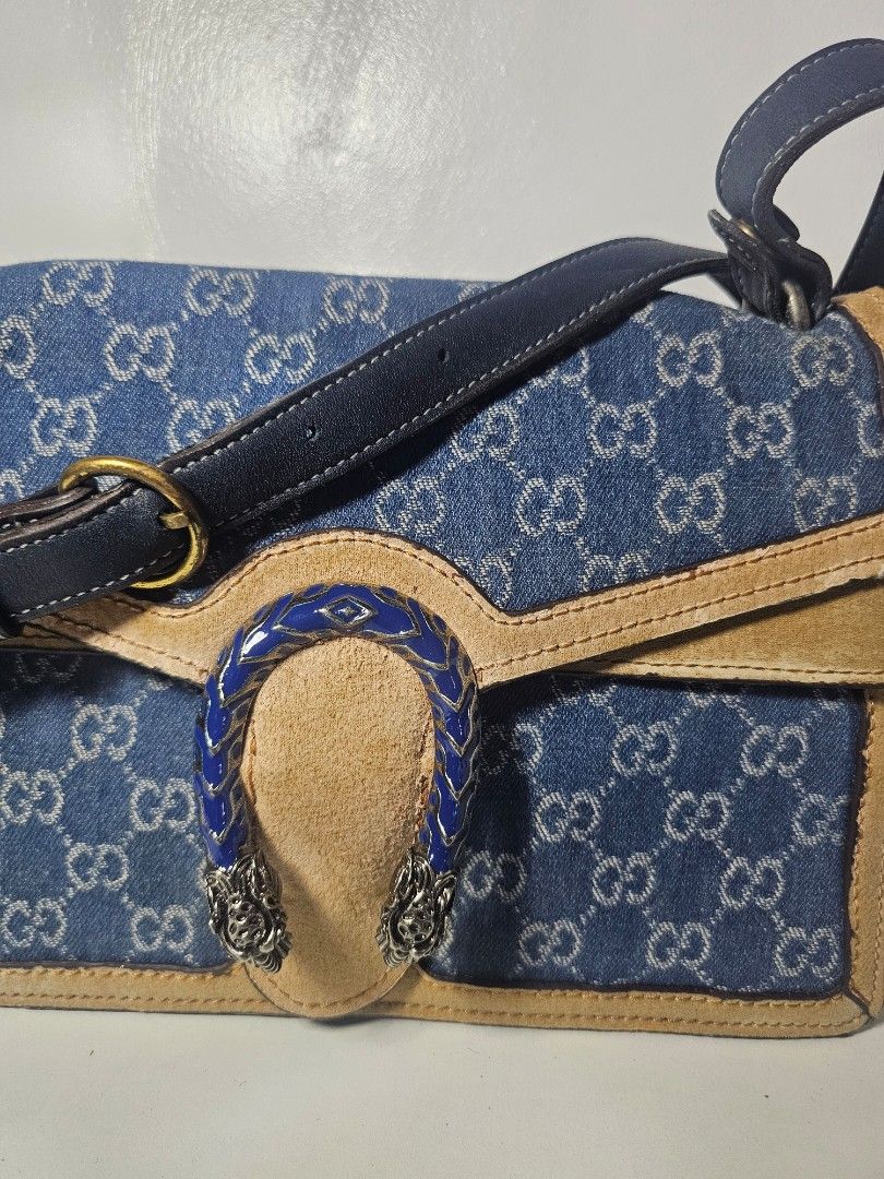 Dionysus GG Denim Shoulder Bag with qr code (Category: Luxury Bags & Wallets) located in Marikina City. Submitted by lalala60325 (Listing ID 1461292191, Image 3). Description: Denim Monogram Shoulder Bag Issue on Bag lining and marks on Hardware Can Send vid for bag condi No return/No refund.