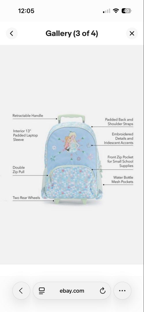 Disney Frozen Elsa Anna Rolling Backpack with Wheels (Category: Babies & Kids Fashion) located in Mandaluyong City. Submitted by kristinar (Listing ID 1461291709, Image 2). Description: For SALE! Twice used trolley school bag for small kids. RFS: they just need backpack in school Bought at ₱3,000 Selling for ₱2,300 - Adorable light blue rolling backpack featuring Elsa and Anna graphics. - Effortless transport with retractable handle and two rear 