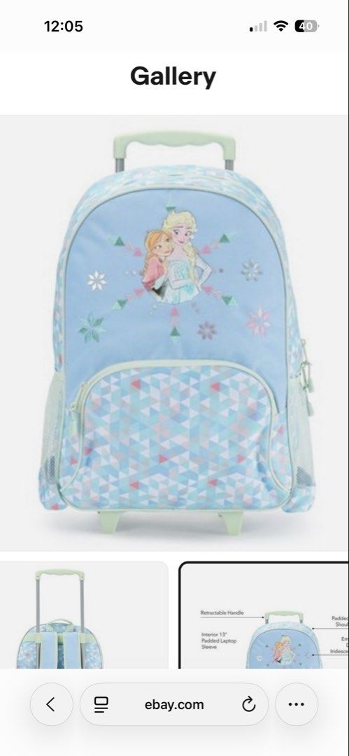 Disney Frozen Elsa Anna Rolling Backpack with Wheels (Category: Babies & Kids Fashion) located in Mandaluyong City. Submitted by kristinar (Listing ID 1461291709, Image 1). Description: For SALE! Twice used trolley school bag for small kids. RFS: they just need backpack in school Bought at ₱3,000 Selling for ₱2,300 - Adorable light blue rolling backpack featuring Elsa and Anna graphics. - Effortless transport with retractable handle and two rear 