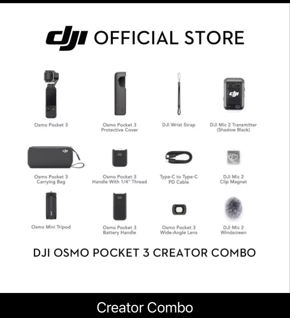DJI Osmo Pocket 3 Creator Combo - Full Kit (Category: Cameras) located in Pasay City. Submitted by gladyfaith28 (Listing ID 1461294561, Image 1). Description: - DJI Osmo Pocket 3 Creator Combo - Includes Osmo Pocket 3 camera - Protective cover & wrist strap - Carrying bag - Handle with 1/4" thread - Battery handle - Type-C cable - Mic transmitter with clip magnet - Wide-angle lens - Windscreen - Everything you need for professional-quality video 