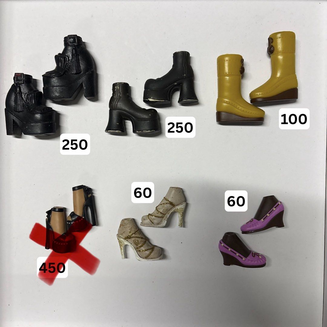 Doll Shoes and Accessories - Various Styles (Category: Kids Toys) located in Cainta. Submitted by winkyhooniee (Listing ID 1461285971, Image 1). Description: - Doll shoes and accessories collection - Includes: Platform boots, heeled boots, wedge heels, strappy heels - Also available: Furry leg warmers, striped leg warmers - Prices clearly marked on each image - Ideal for doll customization or expanding your collection - All items are clean and re