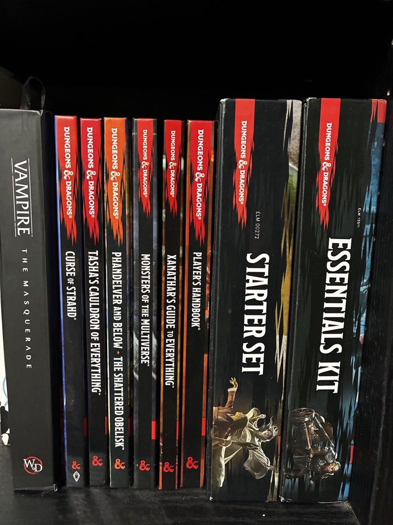 Dungeons and Dragons books (Category: Storybooks) located in Manila. Submitted by chelvalmonte (Listing ID 1461186653, Image 2). Description: Dungeons and Dragons 5th edition books all in good condition. 1,000 each Still Available: Starter Kit SOLD: Curse of Strahd Shattered Obelisk Xanathar’s Guide to Everything Tasha’s Cauldron of Everything Monster’s of the Multiverse Essentials Kit Player’s Handbook.
