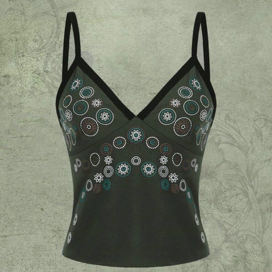 Embroidered Tank Top (Category: Sleeveless) located in Makati City. Submitted by midnightmelhem (Listing ID 1461133253, Image 1). Description: - Olive green tank top - Embroidered circular and floral patterns (white, brown, teal) - Spaghetti straps - Fabric has a slight sheen - Ideal for casual wear or layering.