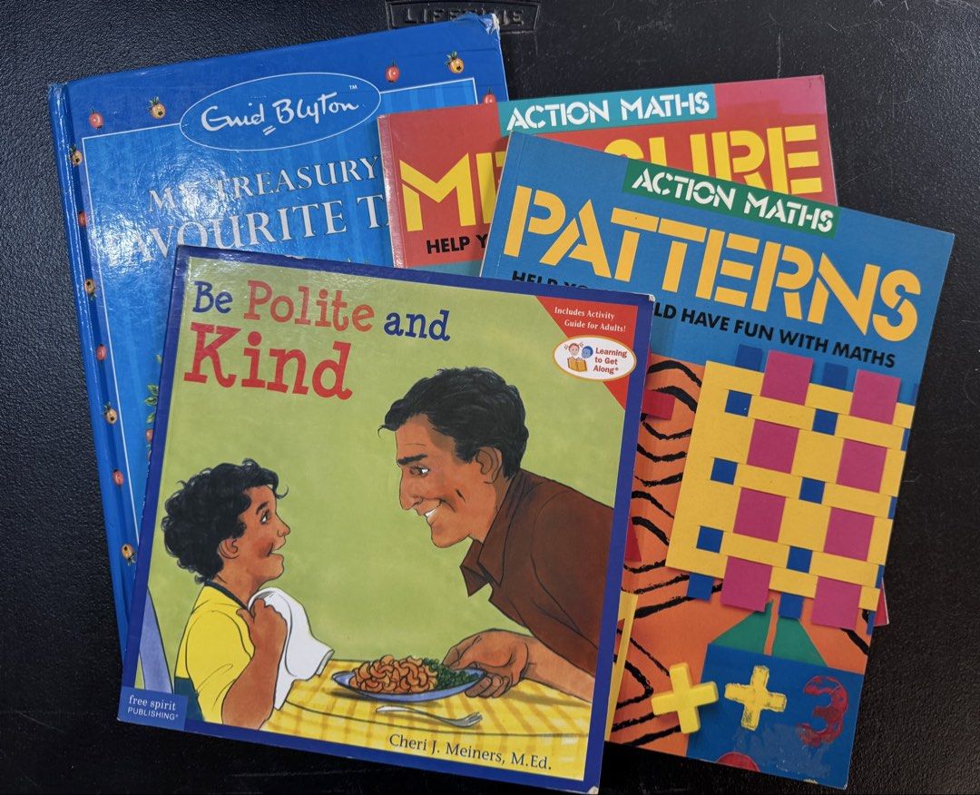 Enid Blyton & More Children's Books Bundle (Category: Children's Books) located in San Pedro. Submitted by pageturner19 (Listing ID 1461169167, Image 1). Description: - Bundle of 4 children's books - Includes Enid Blyton's 'My Treasury of Favourite Tales' and 'Be Polite and Kind' - Features 'Action Maths Patterns' and 'Action Maths Measure' - Ideal for young readers and educational learning.