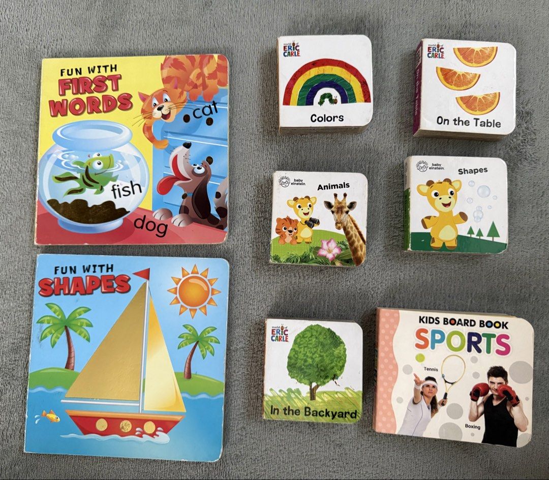 Eric Carle & Baby Einstein Board Books - Fun Learning Set (Category: Children's Books) located in Manila. Submitted by hotdealsph (Listing ID 1461222882, Image 1). Description: - Set of 7 durable children's board books. - Titles include: 'Fun with First Words', 'Fun with Shapes', 'Colors', 'On the Table', 'Animals', 'Shapes', and 'In the Backyard'. - Also includes a 'Sports' board book. - Perfect for early learning and vocabulary development. - G