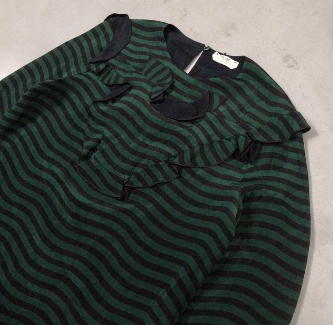 FENDI CRUMFOLD STRIPE LONGSLEEVE BLOUSE (Category: Blouses) located in Manila. Submitted by kinstugi.pieces (Listing ID 1461305938, Image 3). Description: Sizes: Medium Women's (36) Dimes: 18.5 inches, Width 16 inches, Shoulder 24 inches, Sleeve Length 25.5 inches, Length 20 inches, Hem Materials: Silk 100% Origin: Italy Authentic/Legit Color Rate: 9.5-10 Condition: 9.5-10 Presentable to Use Add Shipping fee.
