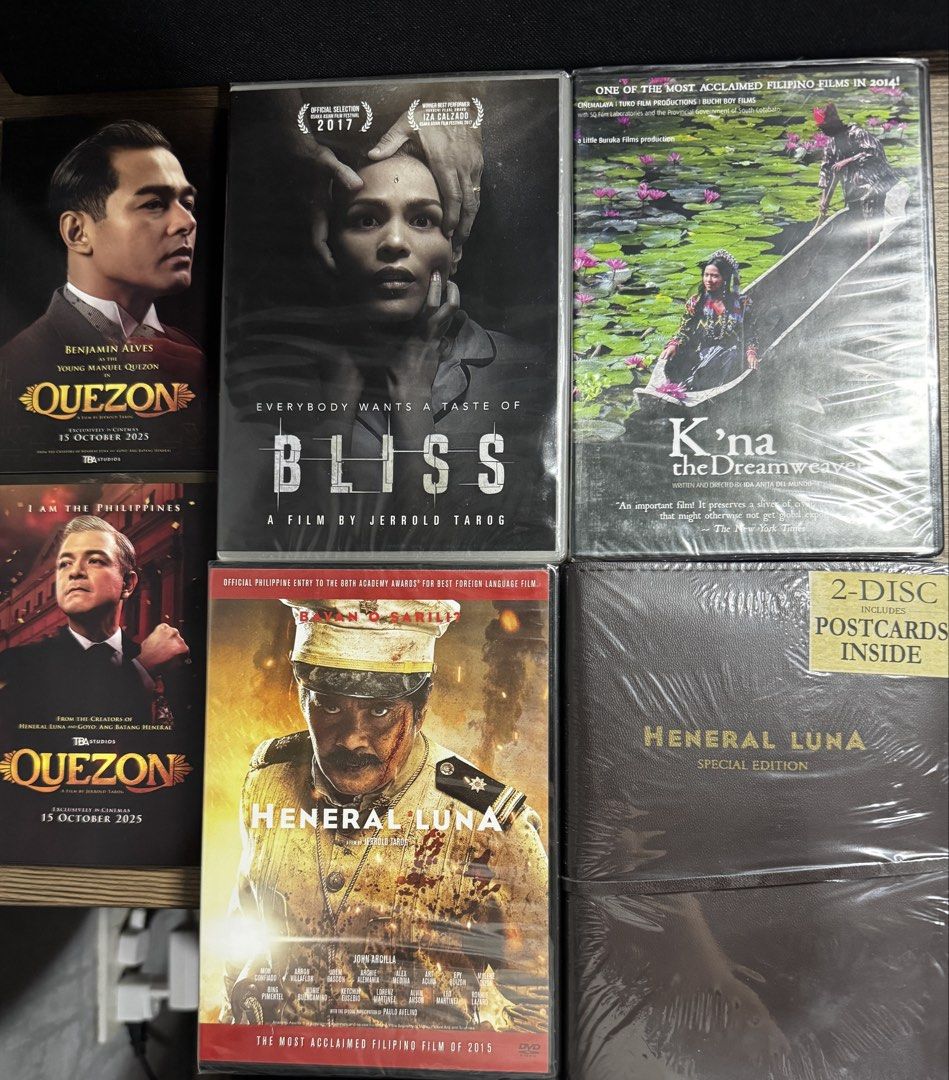 Filipino Films DVD Bundle (Sealed) (Category: CDs & DVDs) located in Quezon City. Submitted by reekoooo (Listing ID 1461300039, Image 1). Description: Filipino Films DVD Collection for Sale All brand new and sealed • Bliss • K’na the Dreamweaver • Heneral Luna • Heneral Luna Special Edition + 12 Free Quezon Postcards Take all for ₱600 Location: Quezon City or Makati (Wed/Thurs).