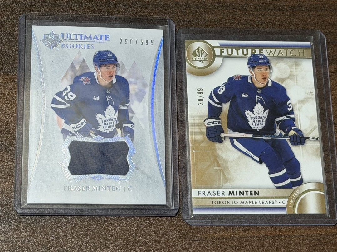 FRASER MINTEN NHL CARDS (Category: Raw Singles) located in Angono. Submitted by sidvechy (Listing ID 1461144531, Image 1). Description: wts lfb ph fraser minten jersey worn relic card 250/599 and limited future watch rookie card gold 38/99 = 1600 php set onhand & ready to ship t. hockeytwt hockeytwtph.