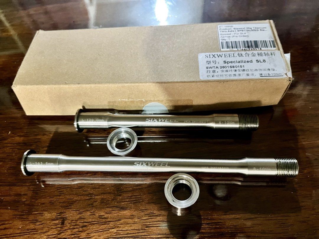 FS > Sixweel titanium thru-axle set (SL8) (Category: Bicycles) located in Manila. Submitted by dmacamay (Listing ID 1461156772, Image 1). Description: For sale Sixweel titanium thru-axle set 29g Fits SL8 Tarmac Aethos Roubaix RFS: using stock TA Very good condition Negotiable basta madali kausap. Location Guadalupe BGC - SIXWEEL Titanium Thru Axles - Designed for Specialized SL8 bikes - Includes two axles: 1 x 120mm, 1 x 163.5mm - Torque spec: 8-