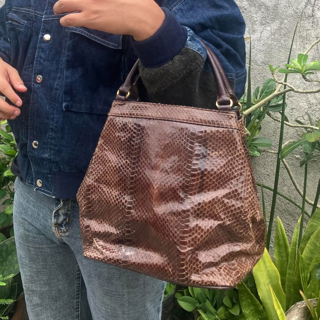 Genuine Snakeskin Python Leather Bucket Handbag Made in Tokyo Brown ...