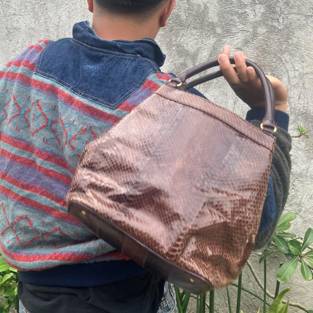 Genuine Snakeskin Python Leather Bucket Handbag Made in Tokyo Brown ...