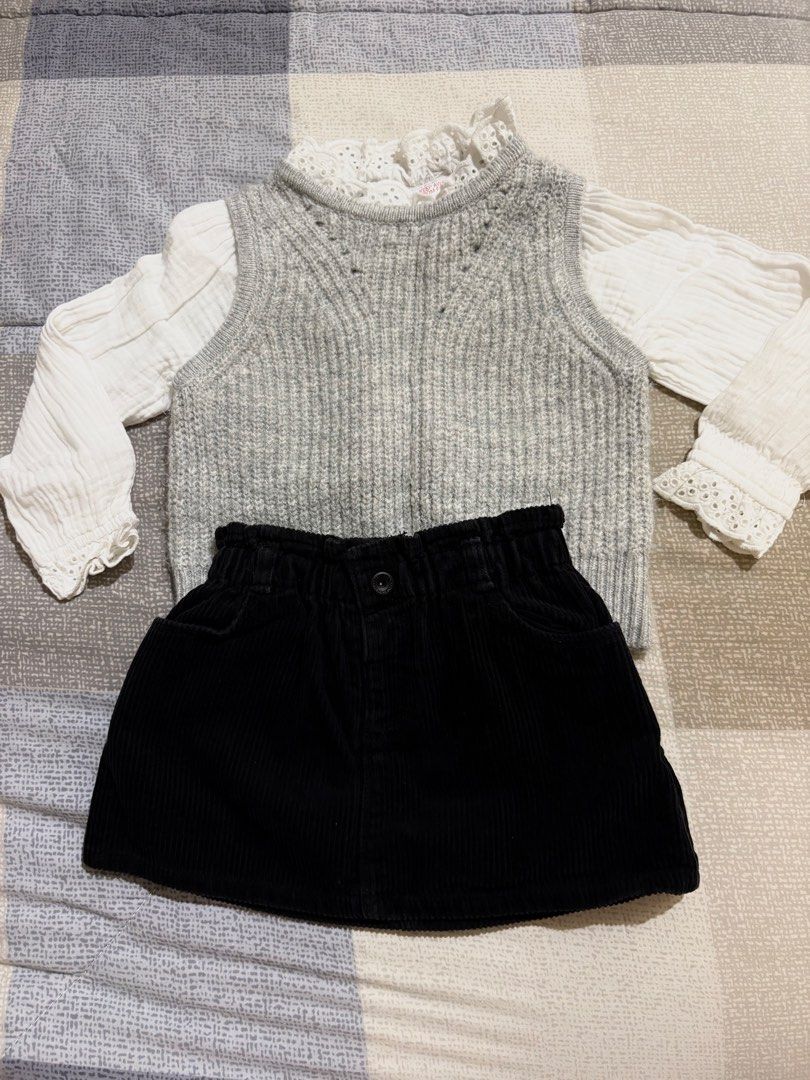 TAKE ALL!! Zara and raising litte (Category: Babies & Kids Fashion) located in Bacoor. Submitted by ynnnaaa (Listing ID 1461210030, Image 3). Description: - Bundle of girls' clothes - Includes: white tops with ruffled collars, grey knit vest, black & white plaid jacket and shorts set, black corduroy skirt, pink corduroy skirt - Perfect for mix-and-match outfits - Features cute button details and lace trim.