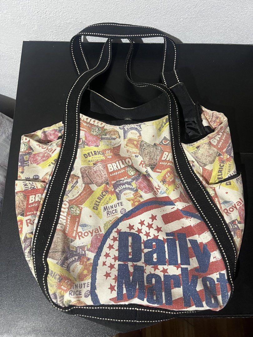 Graphic market tote bag (Category: Tote Bags) located in Tuguegarao City. Submitted by wear.lyunji (Listing ID 1461257051, Image 1). Description: spacious snap button has one compartment.